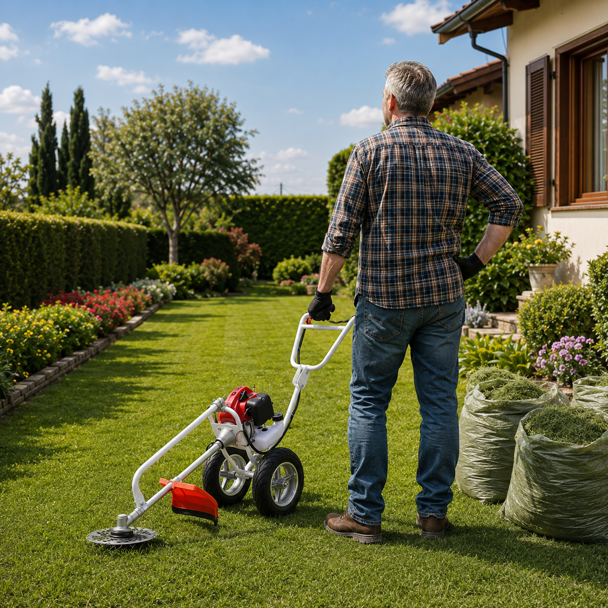 Uomo orgoglioso che guarda il giardino curato con il decespugliatore a ruote JHONSORR